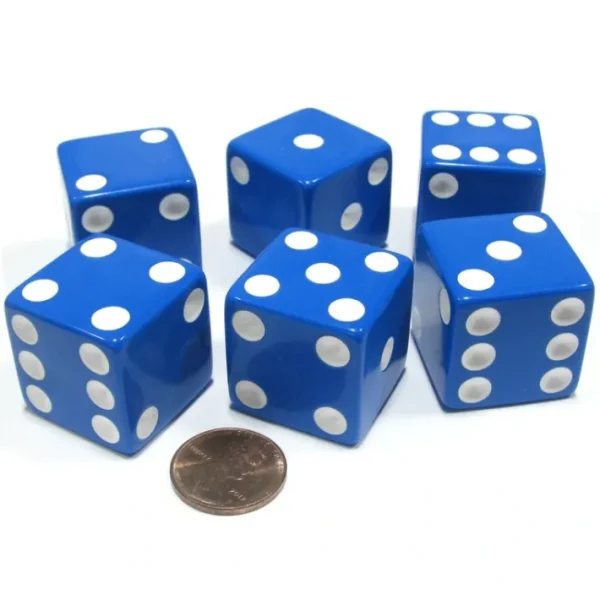 Set of 6 D6 25mm Large Opaque Jumbo Dice - Blue with White Pip - Your Source for Gaming Essentials Cheap