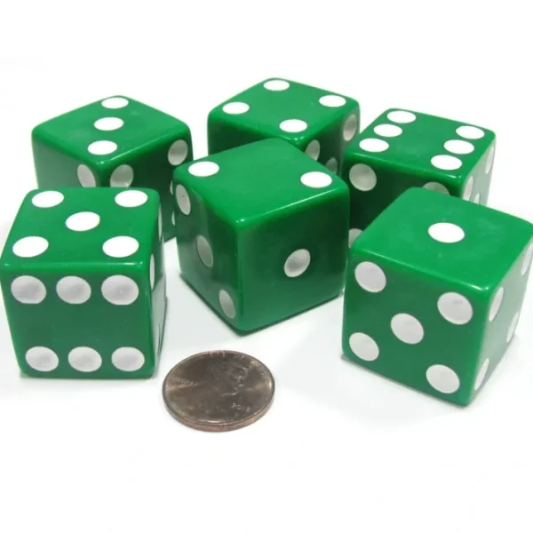 Set of 6 D6 25mm Large Opaque Jumbo Dice - Green with White Pip - Your Source for Gaming Essentials Discount