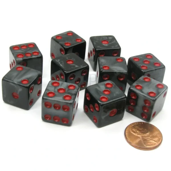 Set of 10 D6 16mm Marbleized Square Corner Dice - Charcoal with Red Pips - Your Source for Gaming Essentials Cheap