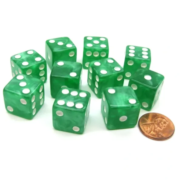 Set of 10 D6 16mm Marbleized Square Corner Dice - Green with White Pips - Your Source for Gaming Essentials Fashion
