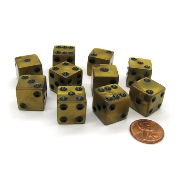 Set of 10 D6 16mm Olympic Pearlized Standard Size Dice - Gold with Black Pips - Your Source for Gaming Essentials New
