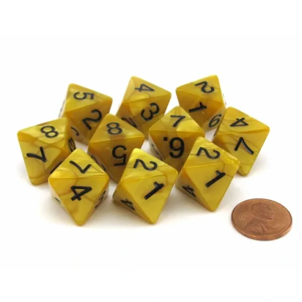 Set of 10 D8 15mm Olympic Pearlized Dice - Gold with Black Numbers - Your Source for Gaming Essentials Online