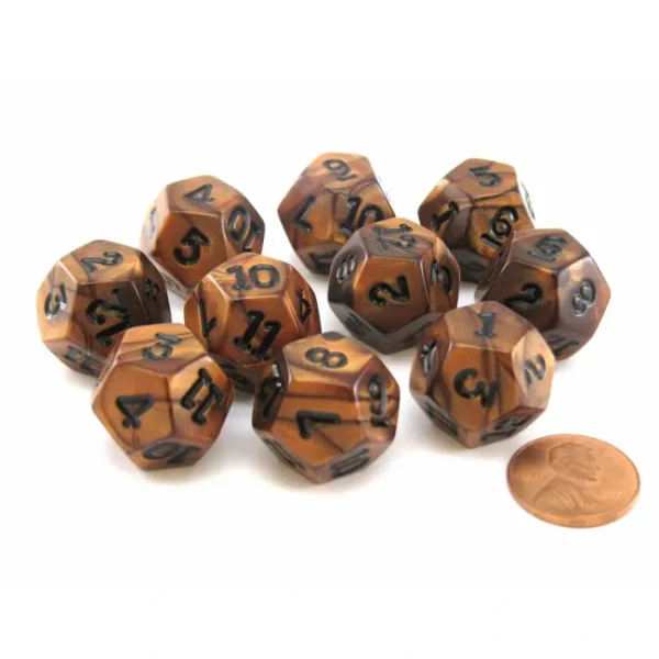Set of 10 D12 18mm Olympic Pearlized Dice - Bronze with Black Numbers - Your Source for Gaming Essentials Store