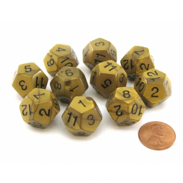 Set of 10 D12 18mm Olympic Pearlized Dice - Gold with Black Numbers - Your Source for Gaming Essentials New