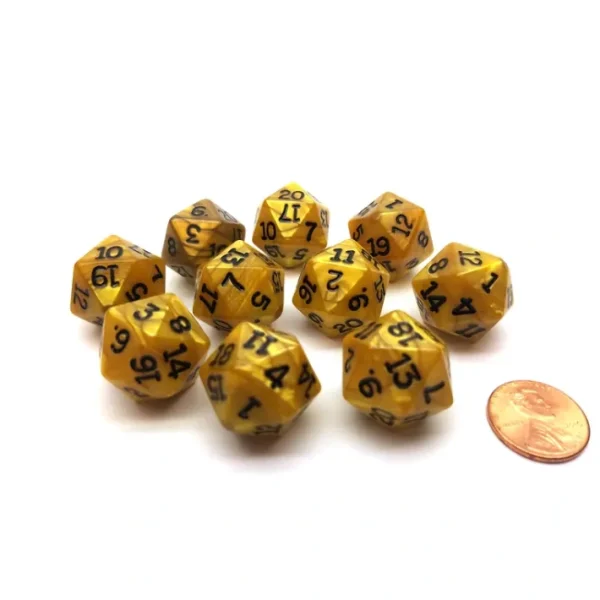 Set of 10 D20 19mm Olympic Pearlized Dice - Gold with Black Numbers - Your Source for Gaming Essentials Outlet