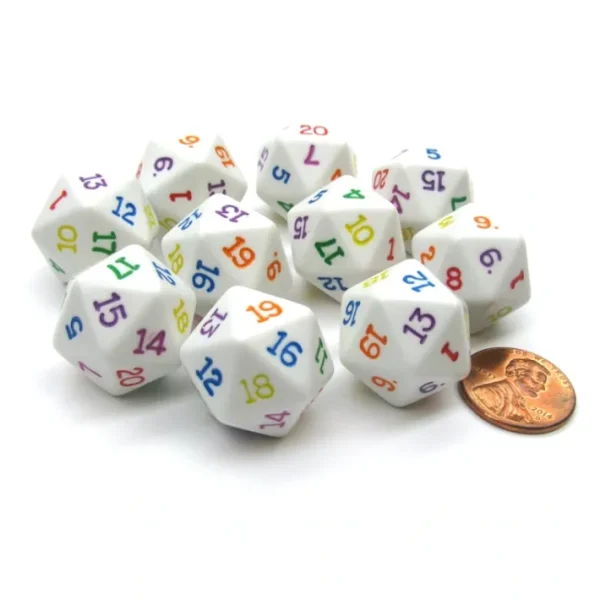 Set of 10 D20 19mm Opaque Rainbow Dice - White with Multicolor Numbers - Your Source for Gaming Essentials Hot