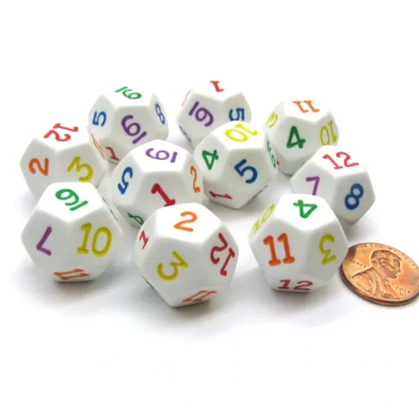 Set of 10 D12 18mm Opaque Rainbow Dice - White with Multicolor Numbers - Your Source for Gaming Essentials Online