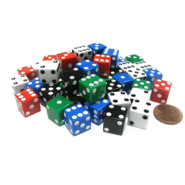 Set of 50 D6 12mm Opaque Square Edge Dice; 10 Each of Red White Blue Green Black - Your Source for Gaming Essentials New