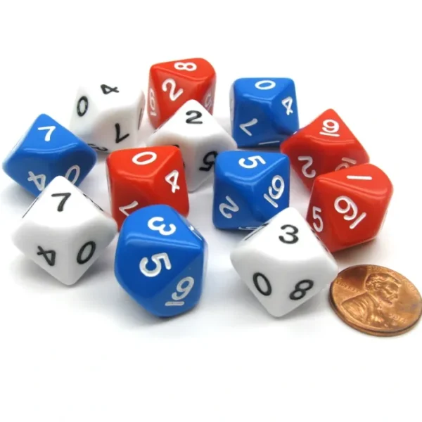Set of 12 D10 16mm Patriotic Dice - 4 Each of Red White and Blue - Your Source for Gaming Essentials Best Sale