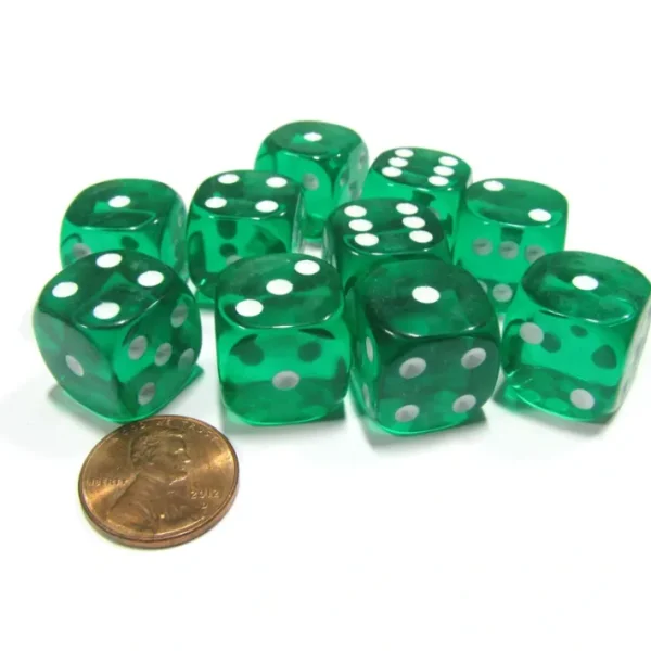 Set of 10 D6 16mm Round Corner Transparent Dice - Green with White Pips - Your Source for Gaming Essentials Outlet