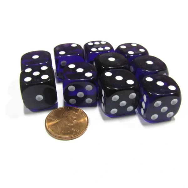 Set of 10 D6 16mm Round Corner Transparent Dice - Purple with White Pips - Your Source for Gaming Essentials Online
