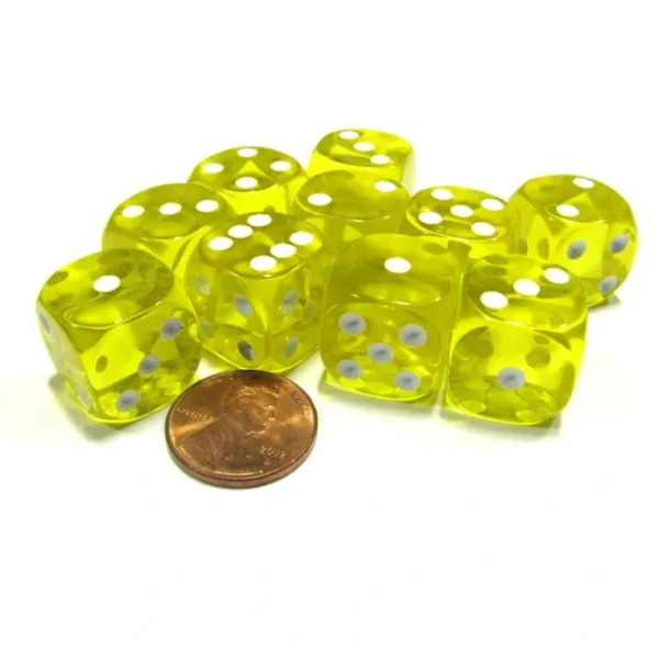 Set of 10 D6 16mm Round Corner Transparent Dice - Yellow with White Pips - Your Source for Gaming Essentials New