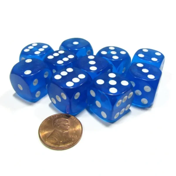 Set of 10 D6 16mm Round Corner Transparent Dice - Blue with White Pips - Your Source for Gaming Essentials Sale
