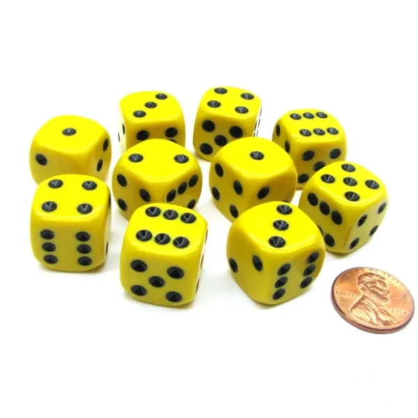 Set of 10 D6 16mm Rounded Corner Opaque Dice - Yellow with Black Pips - Your Source for Gaming Essentials Store