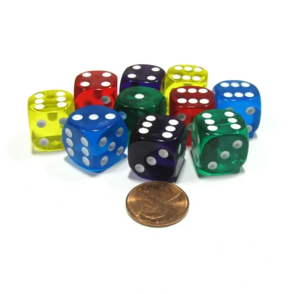 Set of 10 D6 16mm Rounded Transparent Dice - 2 of Blue Green Yellow Purple Red - Your Source for Gaming Essentials Cheap