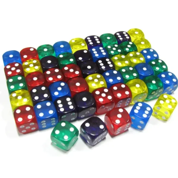 Set of 50 D6 16mm Rounded Transparent Dice- 10 of Blue Green Yellow Purple Red - Your Source for Gaming Essentials Fashion