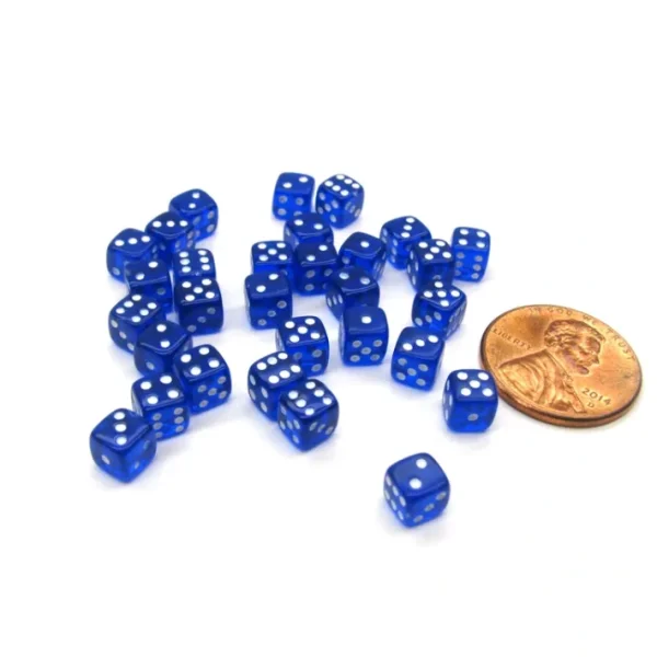 Set of 30 D6 5mm Transparent Rounded Corner Dice - Blue with White Pips - Your Source for Gaming Essentials Store