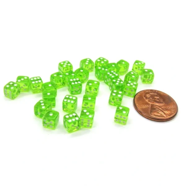 Set of 30 D6 5mm Transparent Rounded Corner Dice - Green with White Pips - Your Source for Gaming Essentials Cheap