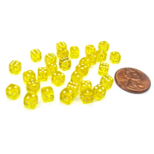 Set of 30 D6 5mm Transparent Rounded Corner Dice - Yellow with White Pips - Your Source for Gaming Essentials Discount