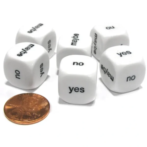 Set of 6 D6 16mm Yes, No, Maybe Decisions Dice - White with Black Letters - Your Source for Gaming Essentials Sale