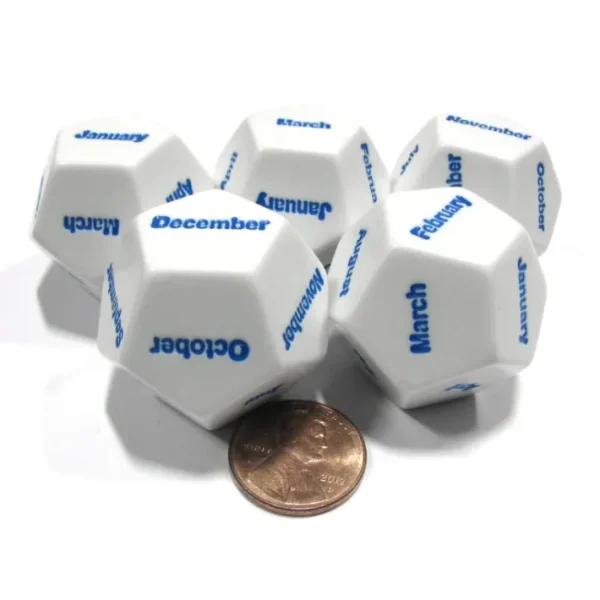 Set of 5 D12 Months of the Year Setting Educational Dice-White with Blue Letters - Your Source for Gaming Essentials Cheap