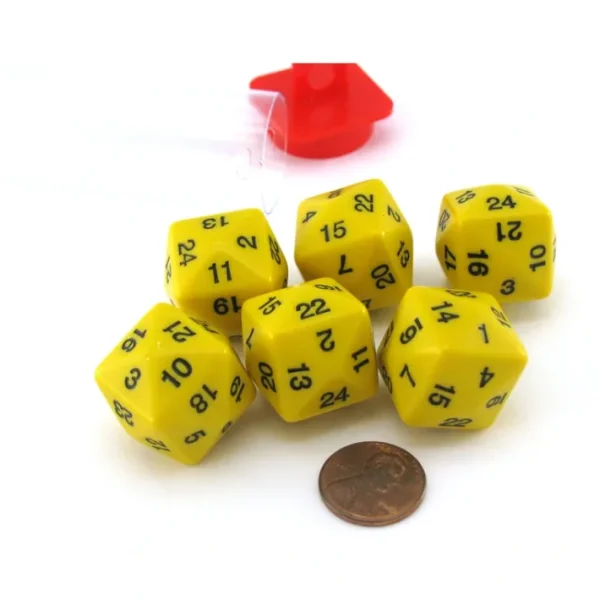 Set of 6 D24 Opaque 24mm 24-Sided Gaming Dice - Yellow with Black Numbers - Your Source for Gaming Essentials Flash Sale