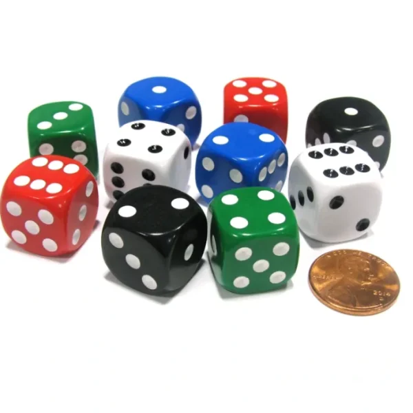 Set of 10 D6 Rounded Opaque 16mm D6 Dice - 2 Each of Red White Blue Green Black - Your Source for Gaming Essentials Online