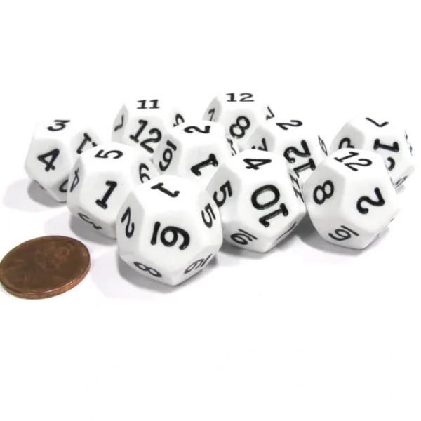 Set of 10 D12 12-Sided 18mm Opaque RPG Dice - White with Black Numbers - Your Source for Gaming Essentials Outlet