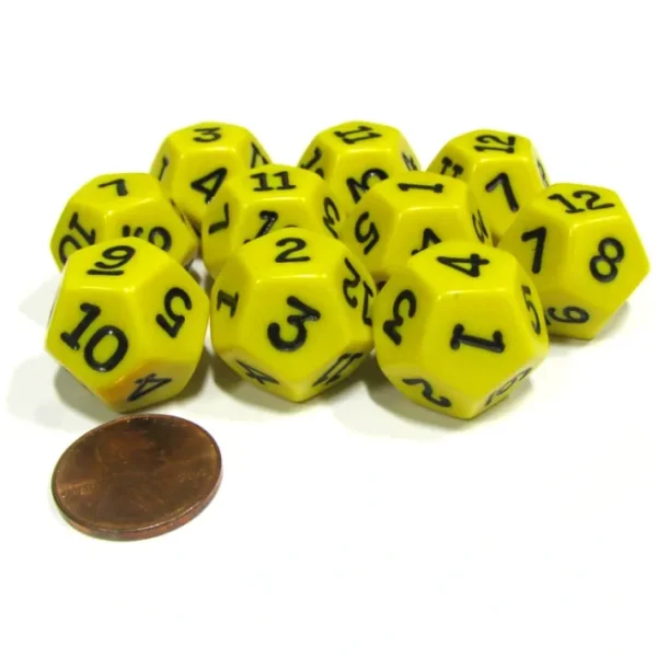 Set of 10 D12 12-Sided 18mm Opaque RPG Dice - Yellow with Black Numbers - Your Source for Gaming Essentials Outlet