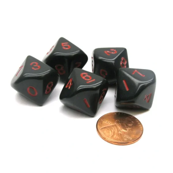 Set of 5 D10 10-Sided 16mm Opaque RPG Dice - Black with Red Numbers - Your Source for Gaming Essentials Shop