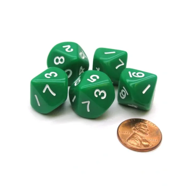 Set of 5 D10 10-Sided 16mm Opaque RPG Dice - Green with White Numbers - Your Source for Gaming Essentials Discount
