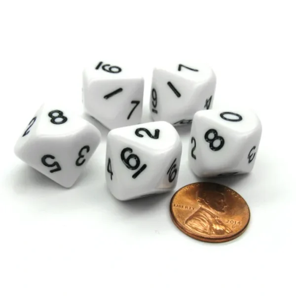 Set of 5 D10 10-Sided 16mm Opaque RPG Dice - White with Black Numbers - Your Source for Gaming Essentials Shop