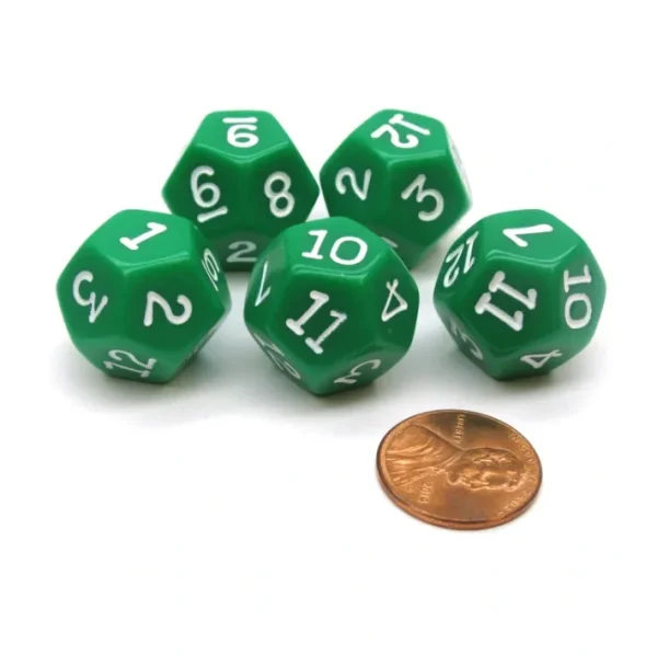 Set of 5 D12 12-Sided 18mm Opaque RPG Dice - Green with White Numbers - Your Source for Gaming Essentials Online