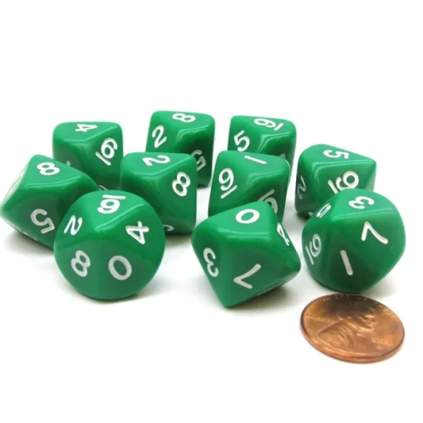 Set of 10 D10 10-Sided 16mm Opaque Dice - Green with White Numbers - Your Source for Gaming Essentials Online