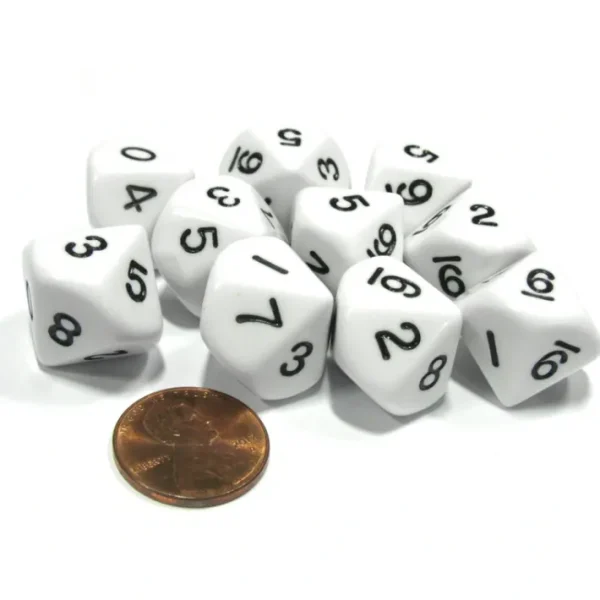 Set of 10 D10 10-Sided 16mm Opaque Dice - White with Black Numbers - Your Source for Gaming Essentials New