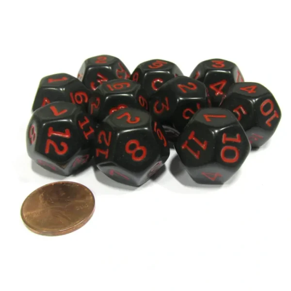 Set of 10 D12 12-Sided 18mm Opaque RPG Dice - Black with Red Numbers - Your Source for Gaming Essentials Online