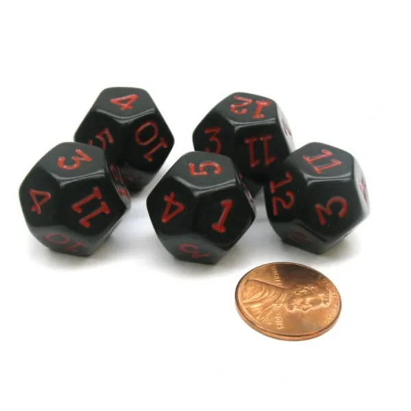 Set of 5 D12 12-Sided 18mm Opaque RPG Dice - Black with Red Numbers - Your Source for Gaming Essentials New