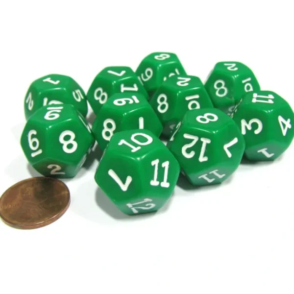 Set of 10 D12 12-Sided 18mm Opaque RPG Dice - Green with White Numbers - Your Source for Gaming Essentials Cheap