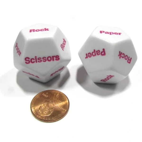 Set of 2 D12 12-Sided Rock, Paper, Scissors Game Dice - White with Pink Letters - Your Source for Gaming Essentials Hot