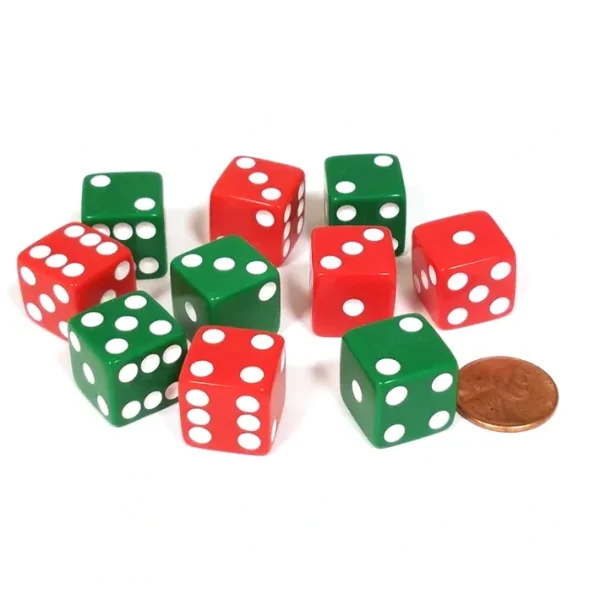 Set of 10 D6 Six Sided Opaque 16mm D6 Dice - Christmas Colors 5 Green & 5 Red - Your Source for Gaming Essentials Store