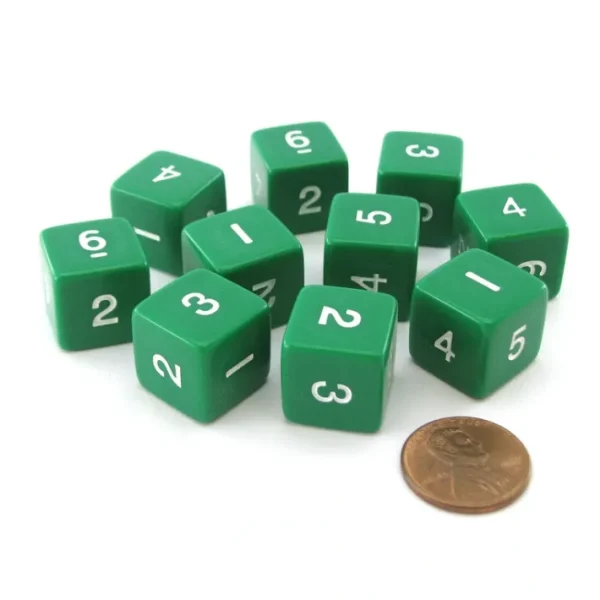 Set of 10 D6 Six-Sided 16mm Opaque Numbered Dice - Green with White Numbers - Your Source for Gaming Essentials Best
