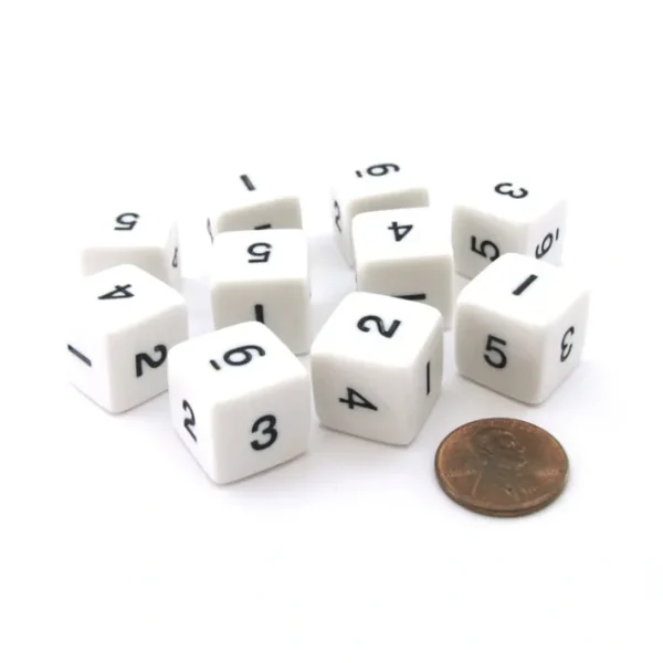 Set of 10 D6 Six-Sided 16mm Opaque Numbered Dice - White with Black Numbers - Your Source for Gaming Essentials New