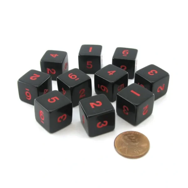 Set of 10 D6 Six-Sided 16mm Opaque Numbered Dice - Black with Red Numbers - Your Source for Gaming Essentials Clearance