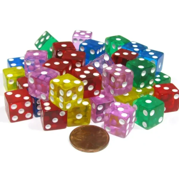 Set of 50 D6 Six-Sided 12mm Transparent Dice - 10 of Blue Green Pink Red Yellow - Your Source for Gaming Essentials Outlet