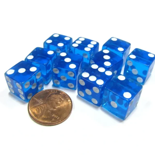 Set of 10 D6 Six-Sided 12mm Transparent Dice - Blue with White Pips - Your Source for Gaming Essentials Discount