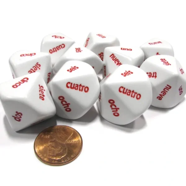 Set of 10 D10 Spanish Word Number Dice, uno-diez - White with Red Letters - Your Source for Gaming Essentials Flash Sale