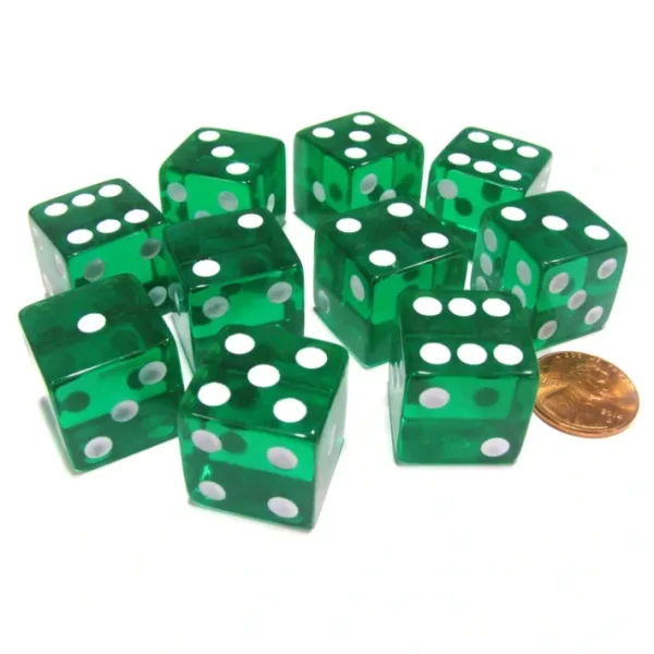 Set of 10 D6 Square Edged 19mm Dice - Transparent Green with White Pips - Your Source for Gaming Essentials Fashion