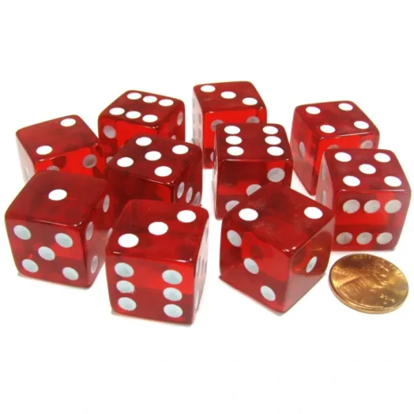 Set of 10 D6 Square Edged 19mm Dice - Transparent Red with White Pips - Your Source for Gaming Essentials Shop