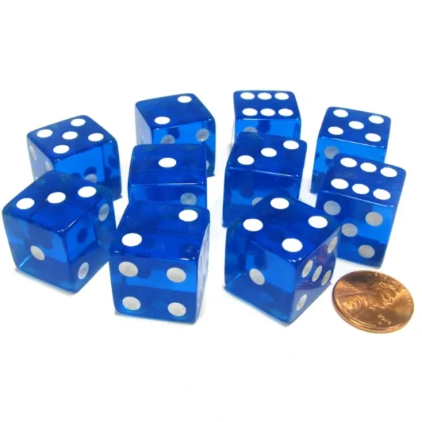 Set of 10 D6 Square Edged 19mm Dice - Transparent Blue with White Pips - Your Source for Gaming Essentials Store
