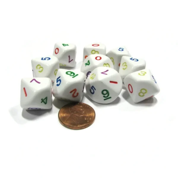Set of 10 D10 Ten-Sided Opaque Rainbow Dice, 0-9 - White with Multicolor Number - Your Source for Gaming Essentials Cheap
